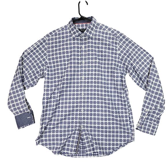 Bugatchi Button Up Shirt sz M Men Classic Fit Plaid Blue White Flip Cuff Preppy - Picture 1 of 12